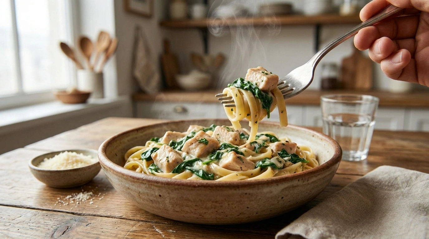 One pan pasta med kylling og spinat (hurtig hverdagsmad)